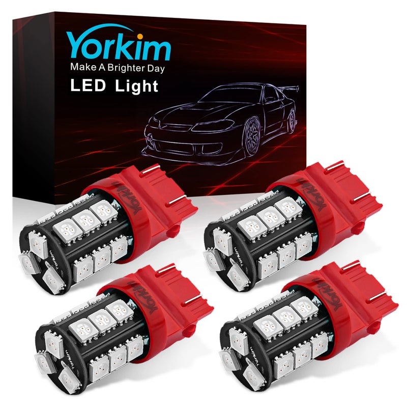Yorkim مصابيح LED حمراء فائقة السطوع Yorkim 3157، مصابيح LED 3056 3156 3156A 3057 4057 3157 4157 T25 لإضاءة الفرامل، إضاءة الرجوع للخلف، إضاءة الذيل الخلفية - عبوة من 4 - Image 1